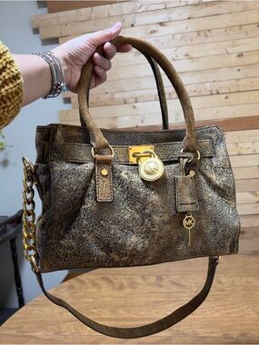 Michael Kors Hamilton Brown distressed Leather Gold tone hardware Satchel Bag